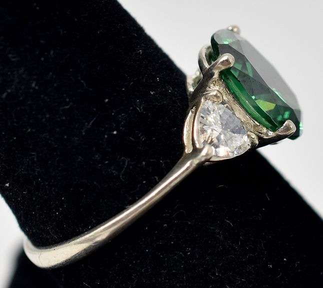 Green and White Glass Gemstone Ring  in Sterling Silver
