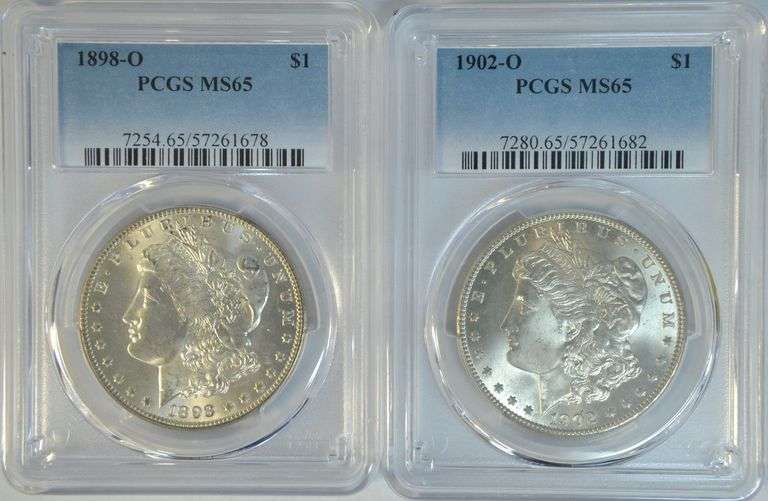 Super Gem BU 1898-O & 1902-O Morgan Silver Dollars. PCGS MS65