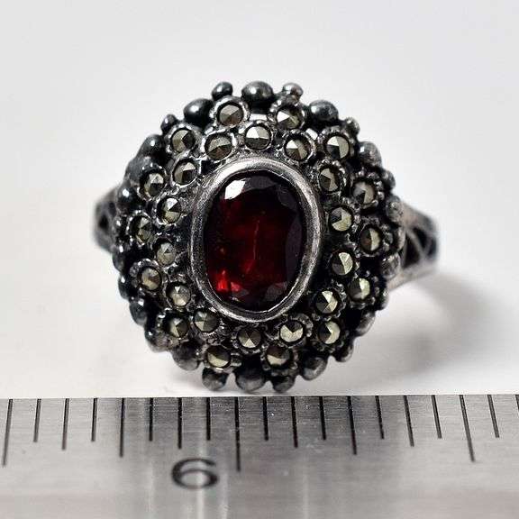 Red Garnet and Marcasite Gemstone Ring in Sterling Silver
