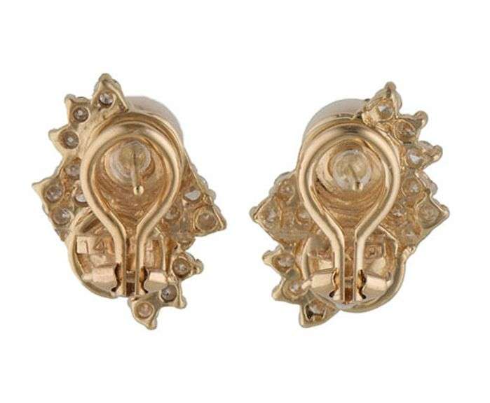 7.0MM Double Pearl and 0.55ctw Diamond Cluster Omega Back Earrings in 14K