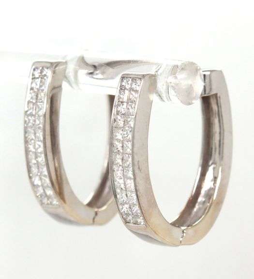 14kt White gold 1ctw Invisible set princess channel set hoop earrings