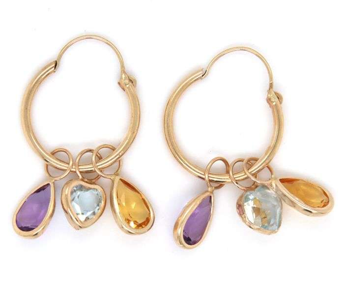 14kt Yellow gold multi stone bezel set dangle hoop earrings