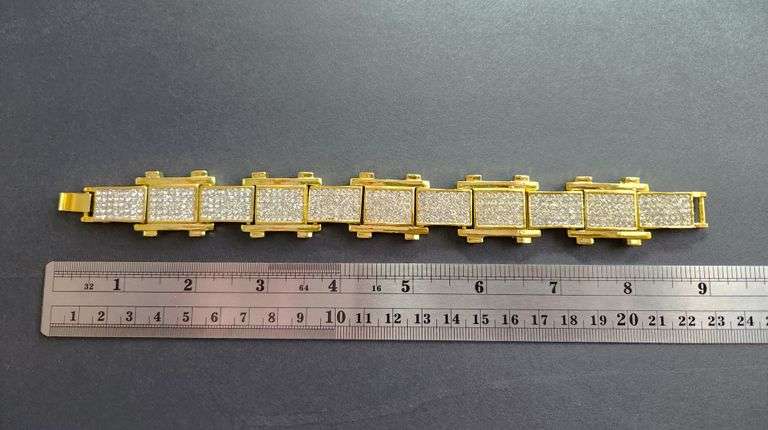 Huge 95.4 Gram Brilliant 14 K Yellow Gold Plated 35 Ctw Simulated Diamond Link Bracelet