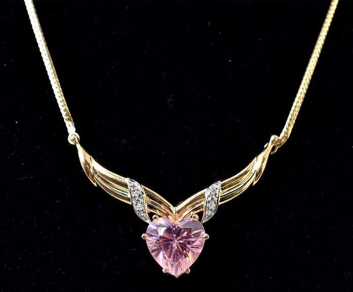 Sparkling 14K Yellow Gold Pink Topaz Gemstone and Diamond Pendant Necklace