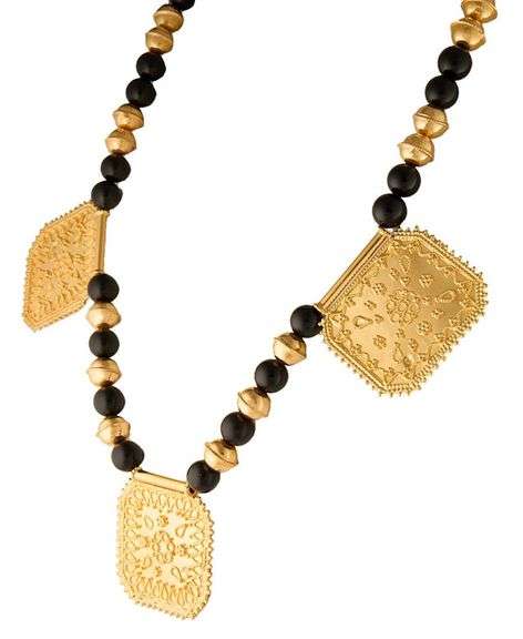 Black Onyx Bead and Triple Milgrain Station Strand Necklace in 22K