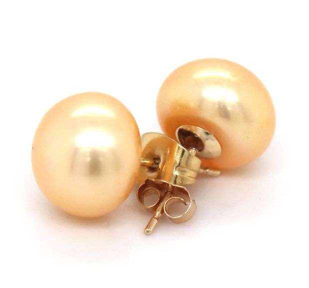 14kt Yellow gold 10mm Golden button pearl earrings