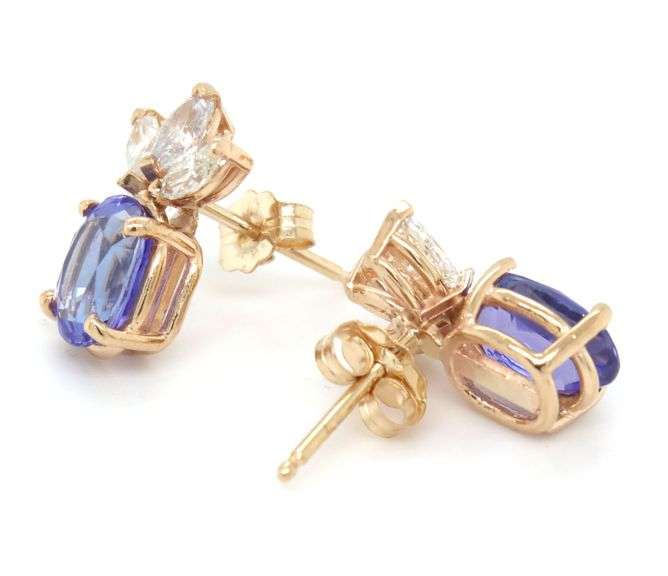 14kt Yellow gold oval tanzanite and diamond marquise stud earrings