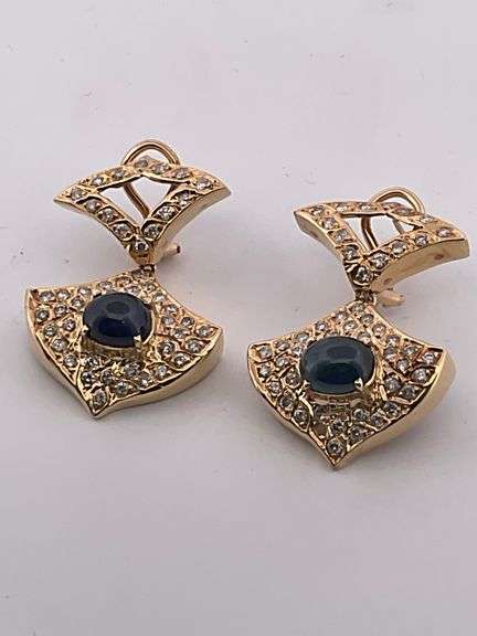 CERTIFIED 18K YELLOW GOLD DIAMOND AND SAPPHIRE DANGLING EARRINGS