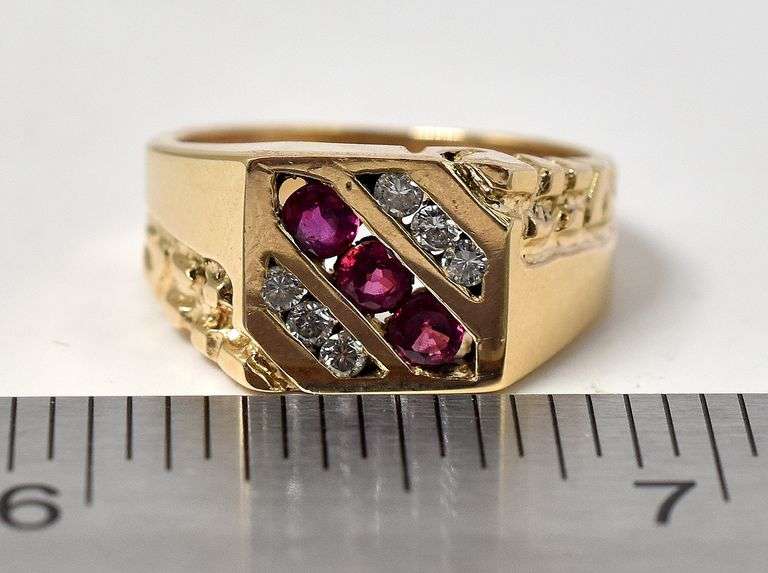 Charming 14K Yellow Gold Ruby Gemstone and Diamond Men's Ring