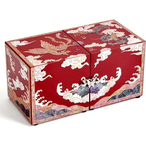 Handcrafted Mother of Pearl Phoenix and Dragon Jewelry Box