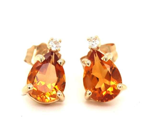 14kt Yellow gold pear shaped Citrine and diamond accent stud earrings