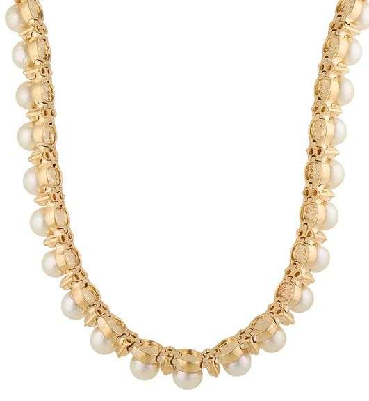 POM 1.80ctw Diamond and Pearl Station Tennis Necklace in 14K