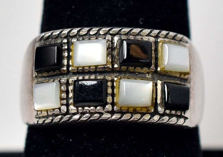 Black Onyx and Mother of Pearl Gemstone Ring in Sterling Silver
