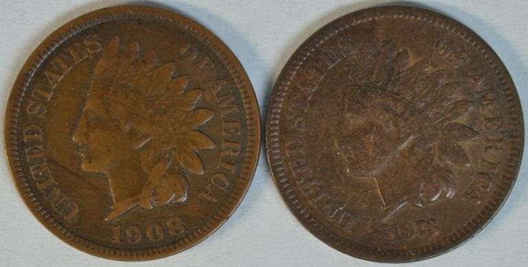 1873 (Open '3') and 1908-S Indian Head Cents in VF