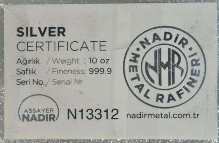 Special poured Nadir pure .9999 fine silver 10 Troy Oz bar in plastic. COA