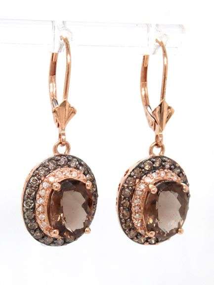 14kt Yellow gold oval smokey quartz and white and TLB double halo dangle earrings