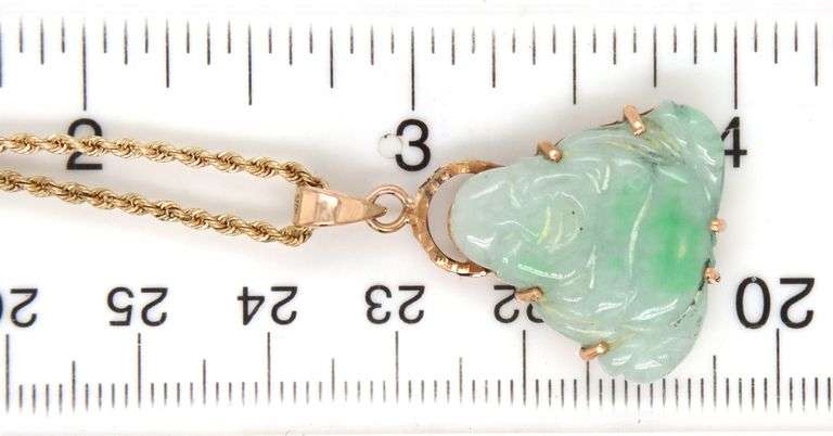 14kt Yellow gold green Jade laughing Buddha pendant on chain