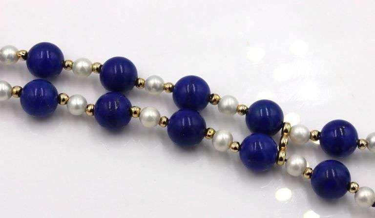 Double row lapis, pearl and gold bead bracelet