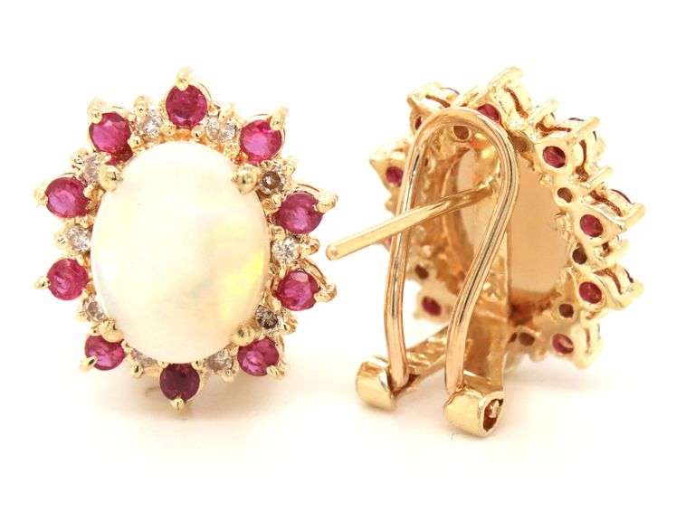 14kt Yellow gold oval opal and diamond and ruby halo earrings