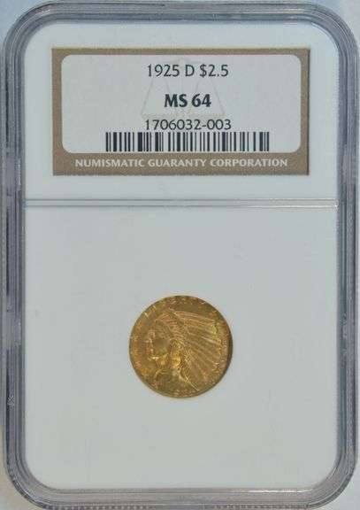 Virtual Gem BU 1925-D $2.50 Indian Gold Piece. NGC MS64