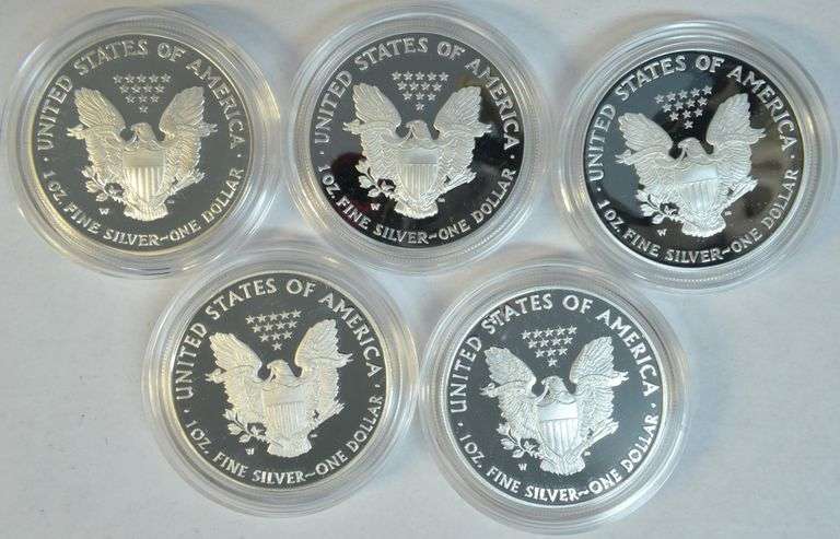 2002, 2 2005, & 2 2010 Gem Cameo Proof $1 Silver Eagles in velvet boxes