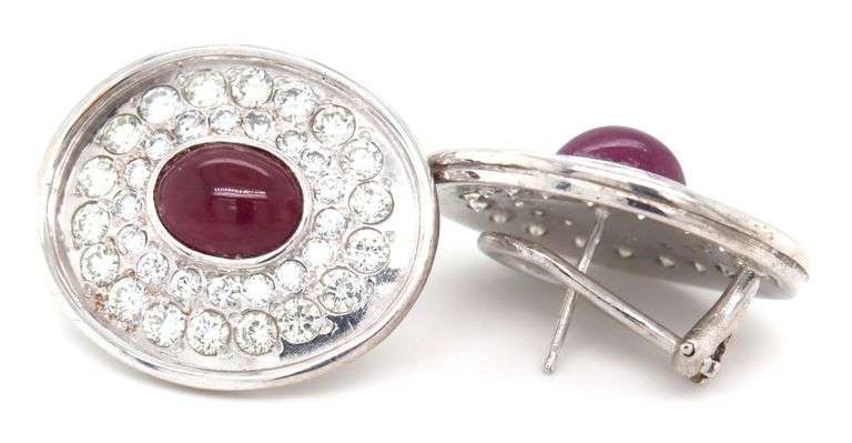 14kt White gold Cab rubies and 2ctw diamond pave oval earrings