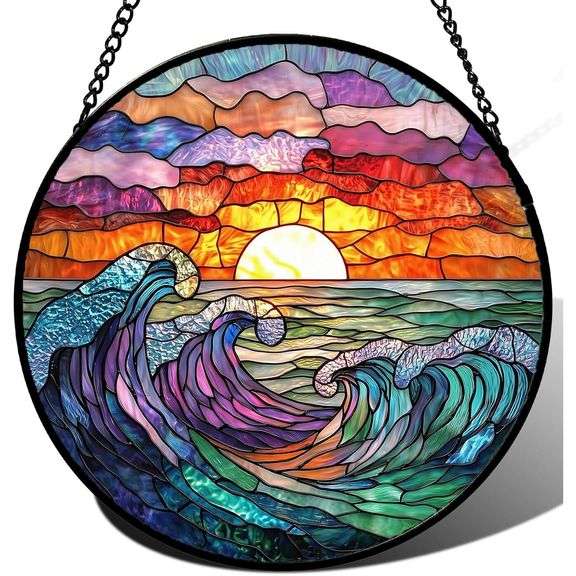 Stained Glass Clouds and Sea Waves Suncatcher