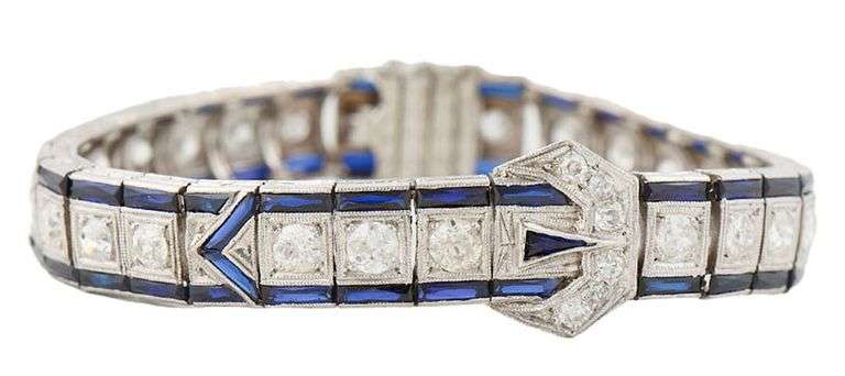 3.00ctw Old European Diamond and Synthetic Sapphire Art Deco Bracelet in 18K