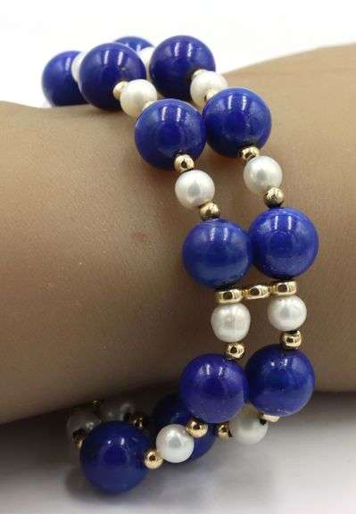 Double row lapis, pearl and gold bead bracelet