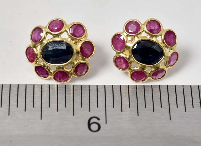 Perfect 18K Yellow Gold Blue Sapphire and Ruby Gemstone Stud Earrings