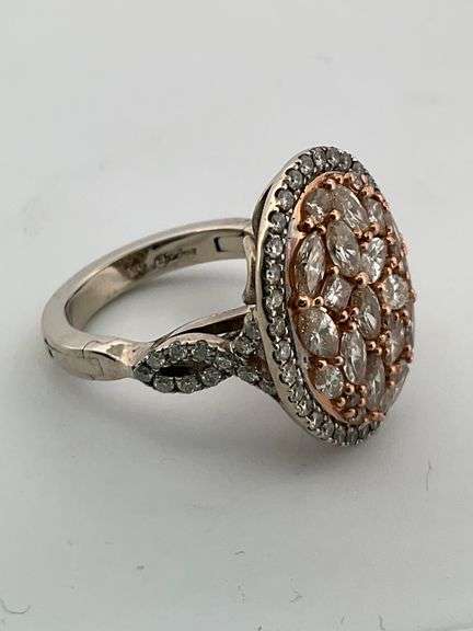 certified ladies 14k white gold and diamond ring with rose gold accent