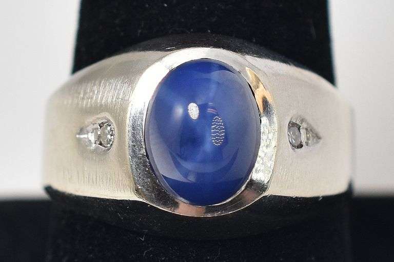 Stunning 14K White Gold Star Sapphire Gemstone and Diamond Men's Ring