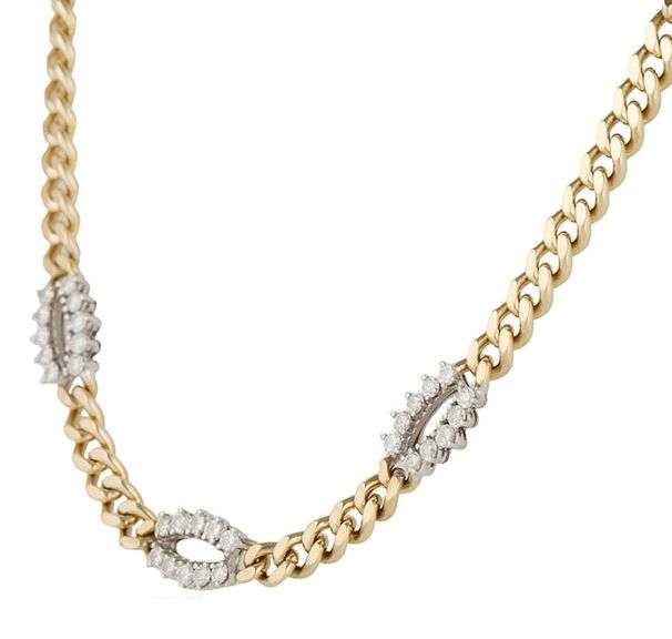 1.25ctw Diamond Triple Station Two Tone Curb Link Necklace in 14K