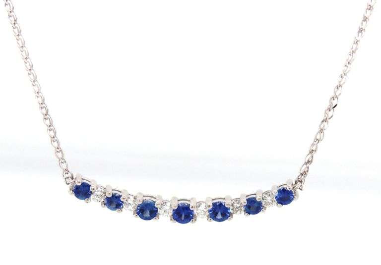 14kt White gold diamond and blue sapphire bar pendant necklace