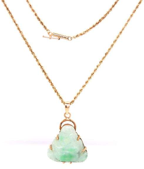 14kt Yellow gold green Jade laughing Buddha pendant on chain