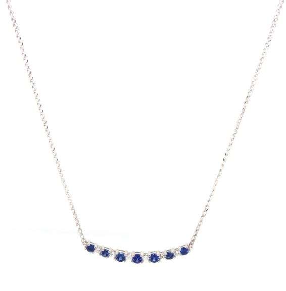 14kt White gold diamond and blue sapphire bar pendant necklace