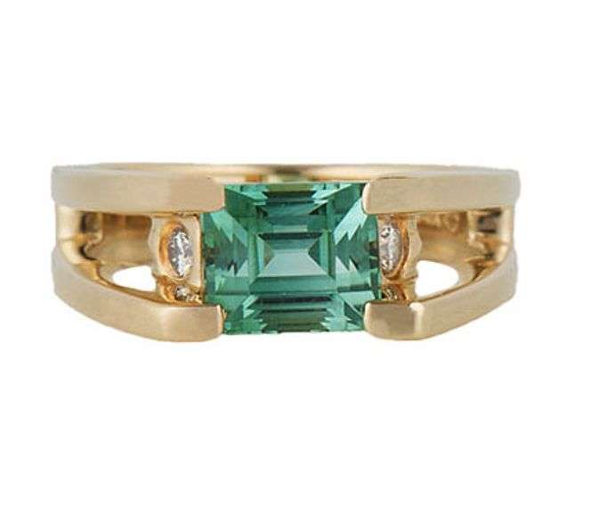Emerald Cut Green Tourmaline and 0.12ctw Diamond Open Shank Ring in 14K