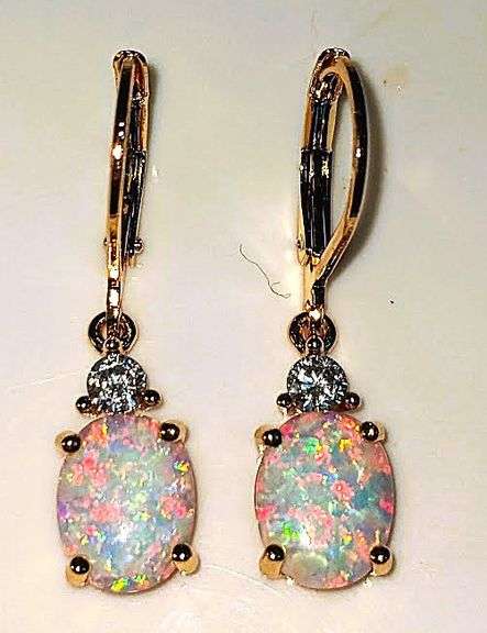 14 K Gold Plated 4 Ctw Welo Color Play Lab Simulated Opal Earrings