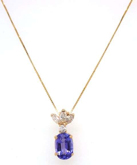 14kt Yellow gold oval Tanzanite and marquise, RBC enhancer pendant on chain