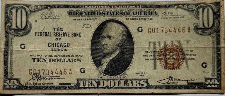 $10 Series of 1929 Chicago National Currency Note.