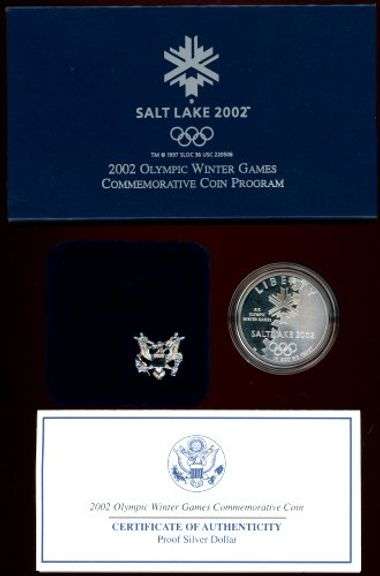 2002 US Winter Olympics Proof Silver Dollar in Box w/CoA