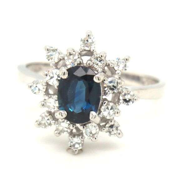 14kt White gold oval sapphire and single cut diamond cluster flower earrings