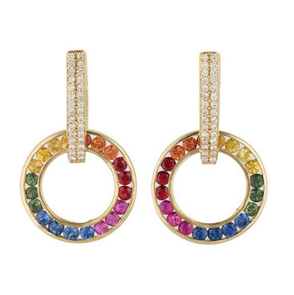 Multi Gemstone and 0.10ctw Diamond Open Circle Convertible Drop Earrings in 14K