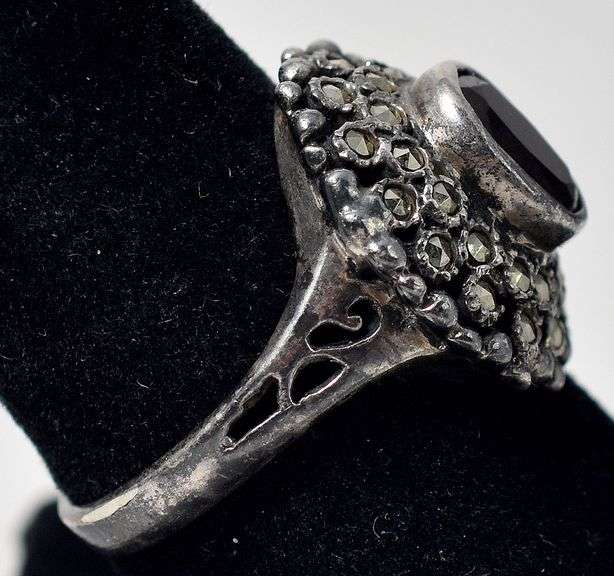 Red Garnet and Marcasite Gemstone Ring in Sterling Silver