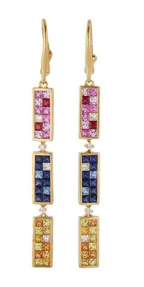 0.42ctw Diamond and Multicolored Sapphire Triple Station Dangle Earrings in 18K