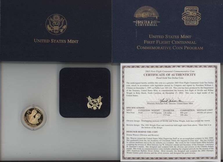 Superb Gem Cameo Proof 2003-W $10 Gold First Flight Commem. Box and COA