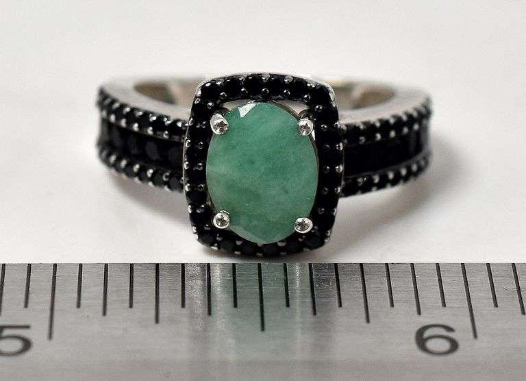Emerald and Black Spinel Gemstone Ring in Sterling Silver