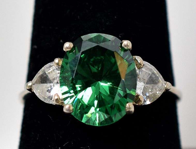 Green and White Glass Gemstone Ring  in Sterling Silver