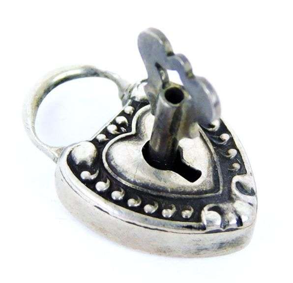 Antique Sterling Silver Repousse Padlock Heart with Key