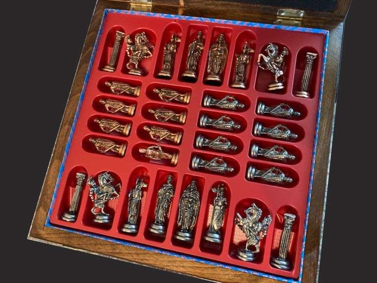 Medieval British Army Antique Copper Chess Set with Natural Solid Wood Board